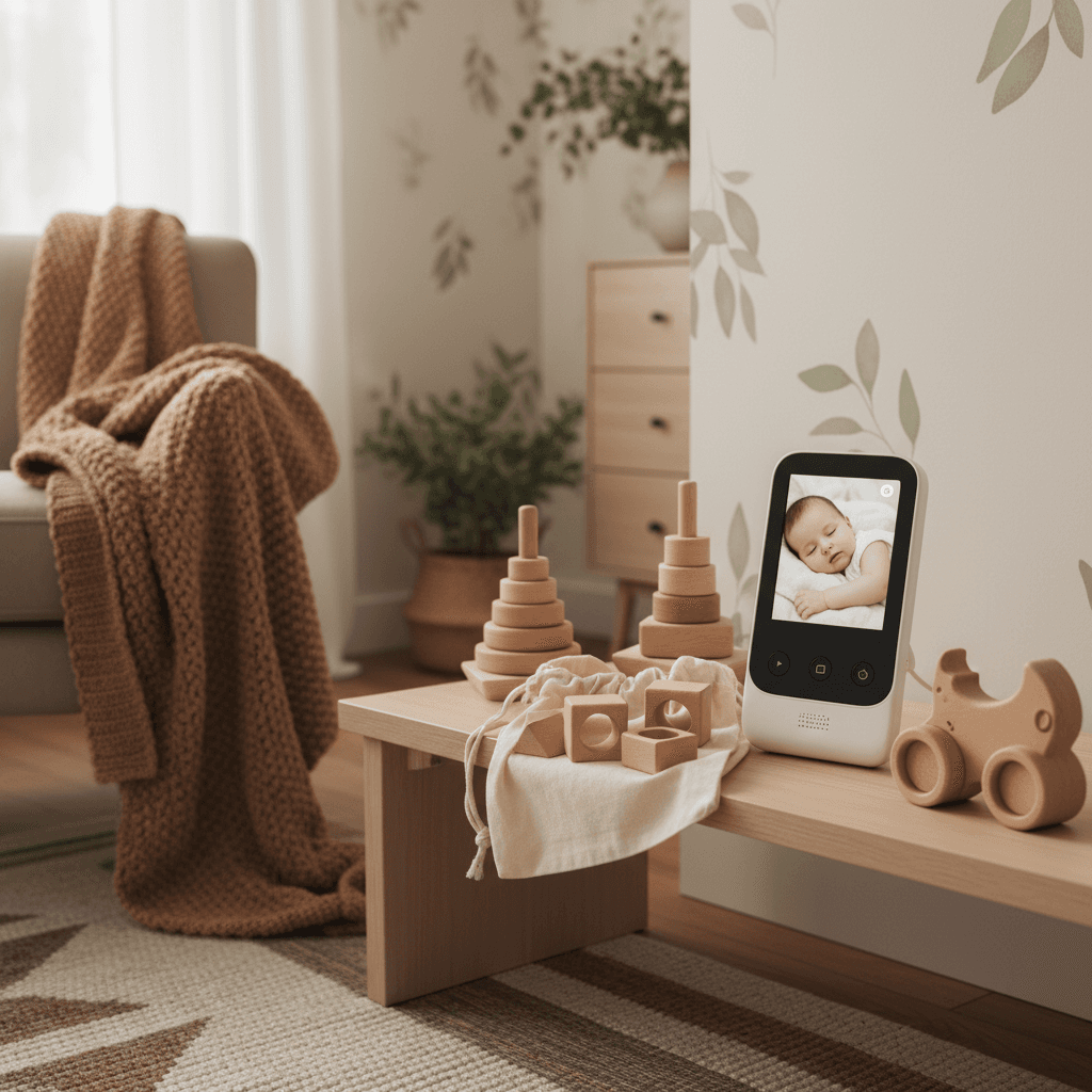 Babyphone et jouets pour bébé dans une chambre d\'enfant